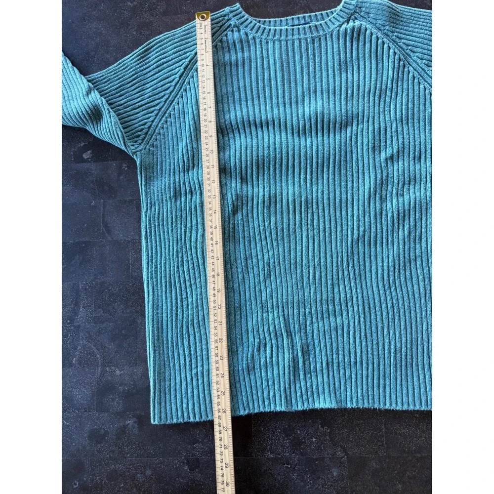 Lands End Ribbed Cotton Sweater Teal‎ Green Mens XL 46-48 Regular Raglan Sleeve